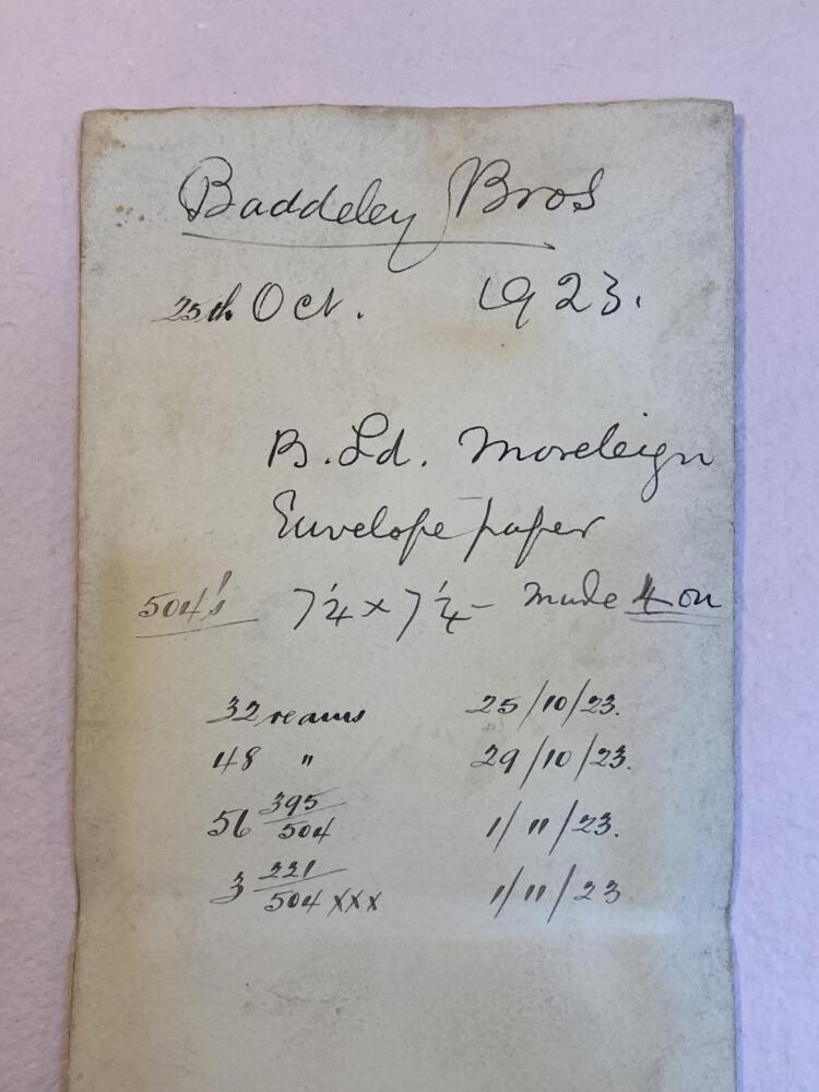 Baddeley Brothers 1923 Envelope Paper Order from Barcham Mill